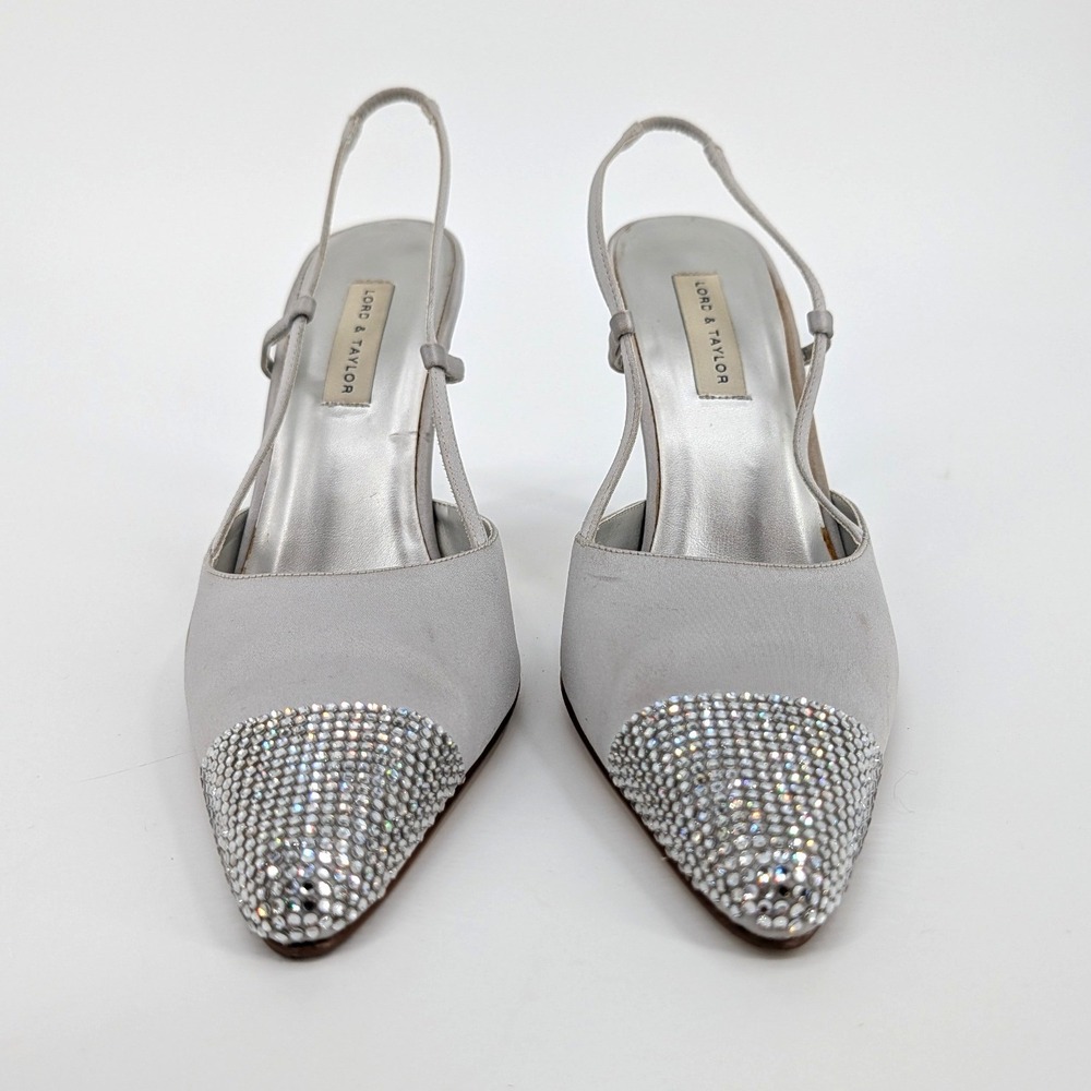 Lord & Taylor Y2K‎ Silver Satin Rhinestone Slingback Heels Size 7.5M Prom